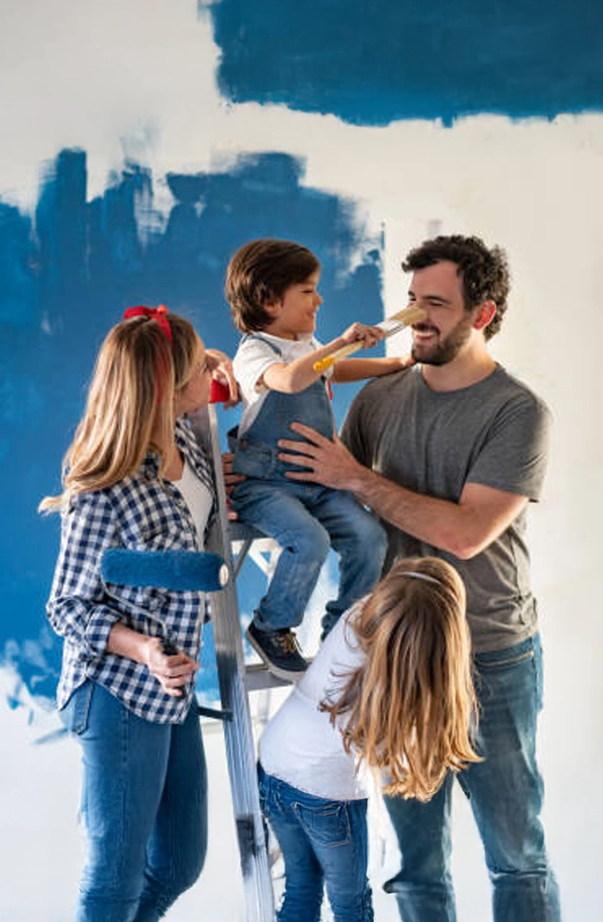 Group of friends celebrating with falling autumn leaves